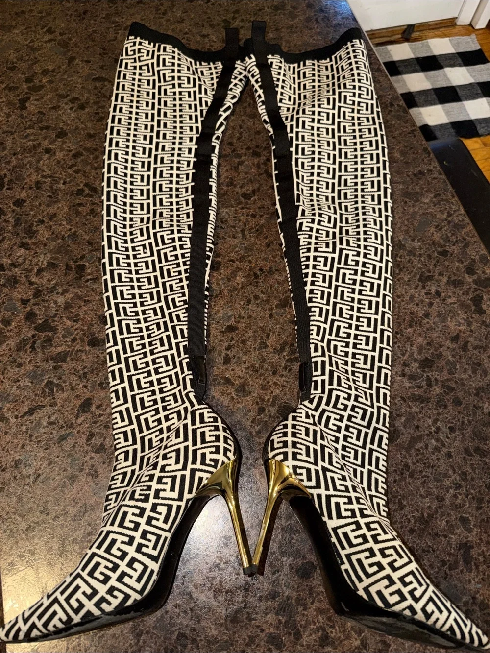 Balmain Monogram Jacquard Gold Heel Thigh High boots - size 37